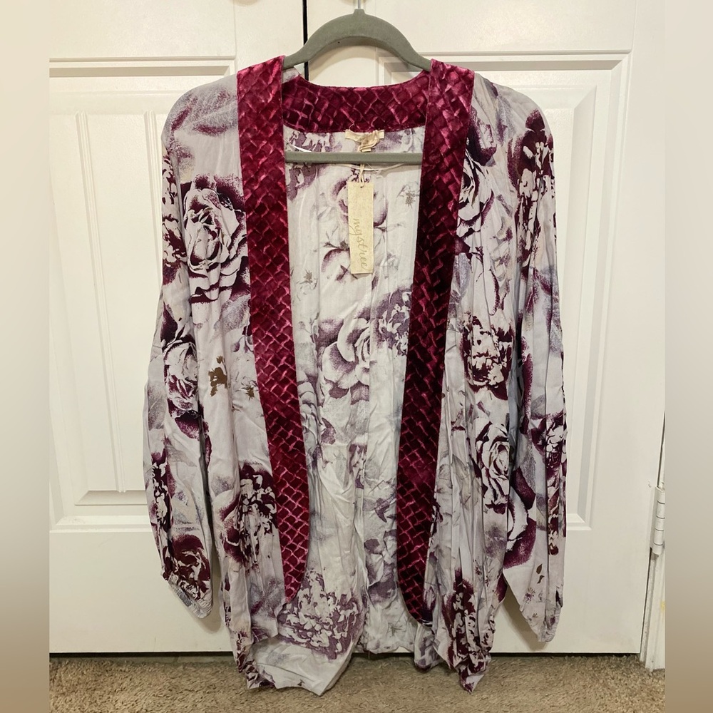 Mystree burgundy gray velvet pieced oversized open cardigan S/M New